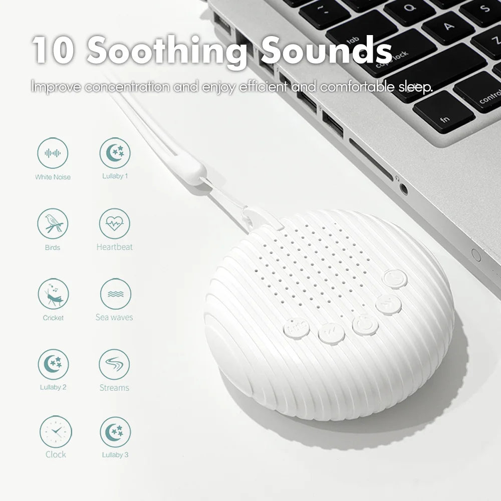 Portable White Noise Machine for Babies – 10 Soothing Sounds, Adjustable Volume & Rechargeable USB Battery